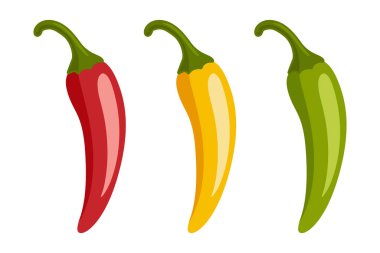 Chili Peppers vektör seti, izole edildi. Kırmızı, sarı, yeşil acı biber, baharatlı gıda malzemeleri, Meksika mutfağı, taze organik sebzeler. Gıda Tasarımı için Vektör İllüstrasyonu.