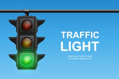Mavi Gökyüzü Arkaplanında Yeşil Sinyalli Vektör Trafik Işığı. Ulaşım, Güvenlik, Sürüş, Yaya Geçidi, Şehir Caddesi ve Trafik Kontrol Tasarımı İçin Gerçekçi Yol Durağı.