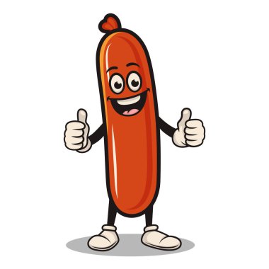 Komik Sosis Maskot Vektör İllüstrasyonu. Komik yüzlü çizgi film karakteri, başparmakları havada, beyaz eldivenli, Retro Style. Şirin Sosis Maskotu Marka, Çıkartma, Reklam İçin Clipart.