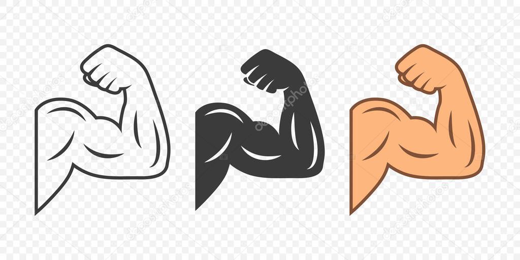 Vector Flexing Arm Biceps Icon Set. Muscular Arm Vector Illustration in Black White and Skin Tone. Bodybuilding Fitness Strength Symbol Isolated. Gym and Sports Design Templates.