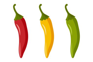 Chili Peppers vektör seti, izole edildi. Kırmızı, sarı, yeşil acı biber, baharatlı gıda malzemeleri, Meksika mutfağı, taze organik sebzeler. Gıda Tasarımı için Vektör İllüstrasyonu.