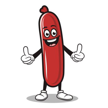 Vektör Komik Sosis Maskotu. Komik yüzlü çizgi film karakteri, başparmakları havada, beyaz eldivenli Retro Style. Klasik Sosis Maskotu Markalaşma, Çıkartma, Reklamcılık.