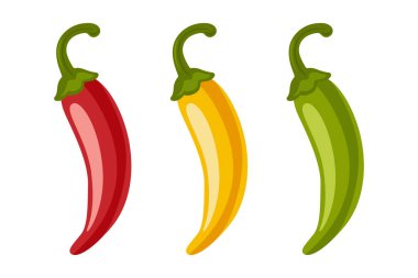Chili Peppers vektör seti, izole edildi. Kırmızı, sarı, yeşil acı biber, baharatlı gıda malzemeleri, Meksika mutfağı, taze organik sebzeler. Gıda Tasarımı için Vektör İllüstrasyonu.