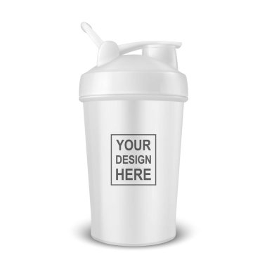 Vektör Gerçekçi 3D Beyaz Parlak Metal Sarsıcı Şişe ve Beyaz Şapka Spor Destek Sistemleri Hidrat Kapatma Kapatma İzole edildi. Paketleme Model Tasarım Şablonu.