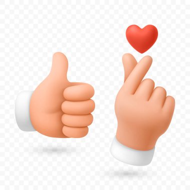 Vektör 3 Boyutlu Gerçekçi Başparmaklar, Koreli Parmak Kalp Hareketleri. Sembol gibi, Karikatür Eller Kapalı İzole edildi. Sosyal Medya, Aşk Tepkisi, Olumlu Geri bildirim Konsepti için Tasarım Şablonu.