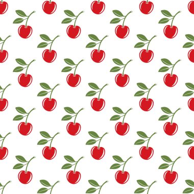 Kesik Kirazlı Vektör Kusursuz Desen. Tek, bir çift kiraz ve yapraklı kiraz kümesi, tekrarlanan yazdırma. Kiraz Sanatı, Tasarım Şablonu, Vektör İllüstrasyonu.