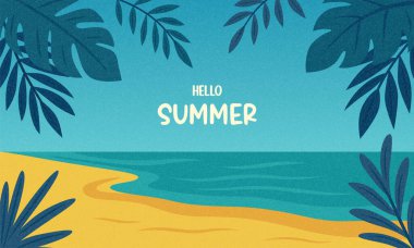 Merhaba Summer. Tropikal Yapraklar, Deniz ve Kum ile Vector Beach Illustration. Mevsimlik Poster, Seyahat Bayrağı, Tatil Kartı, Tatil Konsepti, Yaz Kutlama Tasarımı İçin Düz Çizgi Film Vektör Arkaplanı.