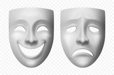 Vektör 3d Gerçekçi Komedi ve Trajedi Maske Simgesi Ayarlandı. Klasik Oyunculuk, Sahne Performansı, Duygu, Sahne Sanatları, Üzgün, Mutlu Yüz Maskeleri Drama Sembolü. Yunan Tiyatrosu, Tiyatro Sınıfı Konsepti.