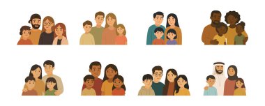 Çocukları olan mutlu bir aile. Çok kültürlü aileler ve çocuklar. Çeşitli Aileler Eğitim, Ebeveynlik, Okul Malzemeleri Derneği. Sosyal, Aile Sevgisi, Birlik ve Katılım Konsepti.