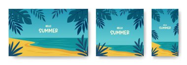 Merhaba Summer. Vector Beach Illustrations Set. Tropik Yapraklar, Deniz ve Kum. Mevsimlik Poster, Seyahat Bayrağı, Tatil Kartı, Tatil Konsepti, Yaz Kutlama Tasarımı İçin Düz Çizgi Film Vektör Arkaplanı.