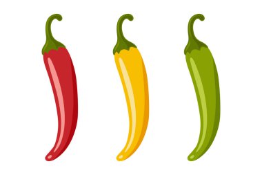 Chili Peppers vektör seti, izole edildi. Kırmızı, sarı, yeşil acı biber, baharatlı gıda malzemeleri, Meksika mutfağı, taze organik sebzeler. Gıda Tasarımı için Vektör İllüstrasyonu.