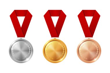 Altın Gümüş Bronz Madalya Seti Kırmızı Kurdeleli Gerçekçi Vektör Simgeleri Kazanan Ödülü, Başarı Rozeti, Ödül Töreni, Spor Yarışması Ödülü, Beyaz Sembolde İzole Edilmiş Şampiyon.