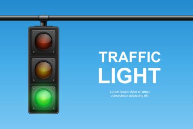 Mavi Gökyüzü Arkaplanında Yeşil Sinyalli Vektör Trafik Işığı. Ulaşım, Güvenlik, Sürüş, Yaya Geçidi, Şehir Caddesi ve Trafik Kontrol Tasarımı İçin Gerçekçi Yol Durağı.