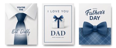 Vector Fathers Day Card Set with Shirt and Tie, Hediye Kutusu with Bow, Ekoseli Arkaplan. Mutlu Baba Tipografisi, Babam için Mavi Tebrik Tasarımı. Modern Vektör Tatil Resimleri