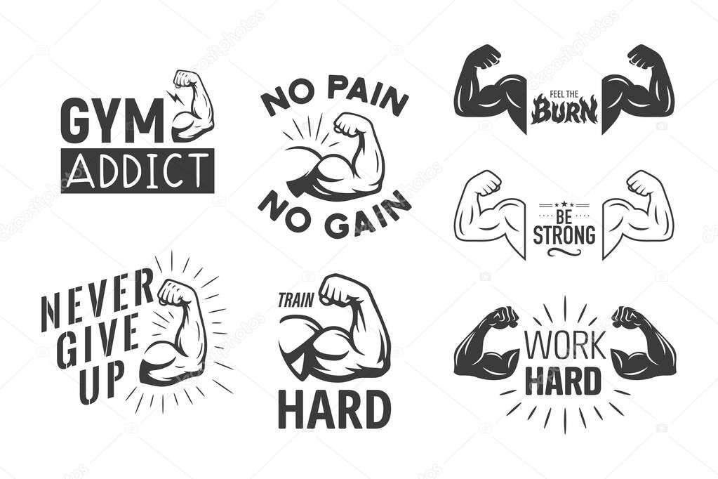 Vector Monochrome Fitness Motivation Emblem Set With Flexing Biceps, Gym Quotes. Workout Labels, Bodybuilding Icons, Sport Typography Design for T-Shirts, Posters, Stickers, Gym Badges and Logos.