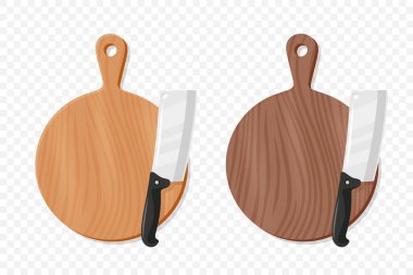 Et Satırı ile Tahta Kesme Kurulu, Vektör Resimleri. Gıda Hazırlama Mutfak Kesme Kurulu. Et Kesme için Kasap Bıçağı. Mutfak gereçleri, Restoranlar için Mutfak Aletleri.