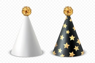 Vektör 3d Gerçekçi Doğum Günü Partisi Şapka Simgesi İzole Edildi. Parti Afişi için Parti Cap Tasarım Şablonu, Tebrik Kartı. Tatil Şapkaları, Koni Şekli, Ön Görünüm.
