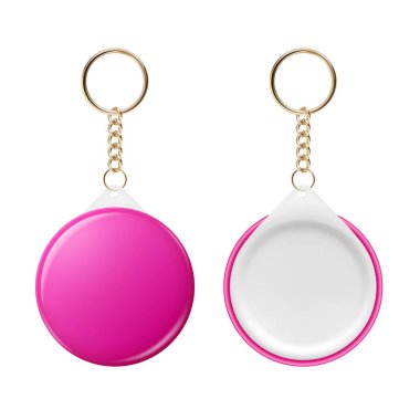 Vektör 3d Gerçekçi Yuvarlak Anahtarlık, Yazdırma için Tasarım Şablonu, Mockup. Promosyon, Hatıra, Parmak izi veya Logo için Yuvarlak Boş Anahtarlık Tasarım Elemanı. Kimlik Rozeti Vektör İllüstrasyonu, Önden, Arkadan Görünüm.