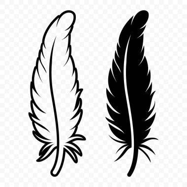 Vektör Siyah ve Beyaz Yumuşak Tüylü Logo Simgeleri. Siluet Tüy Seti Yakın plan izole edildi. Flamingo, Angel ve Kuş tüyü tasarım şablonu. Işık ve Özgürlük Konsepti.