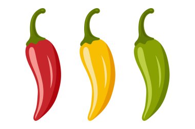 Chili Peppers vektör seti, izole edildi. Kırmızı, sarı, yeşil acı biber, baharatlı gıda malzemeleri, Meksika mutfağı, taze organik sebzeler. Gıda Tasarımı için Vektör İllüstrasyonu.