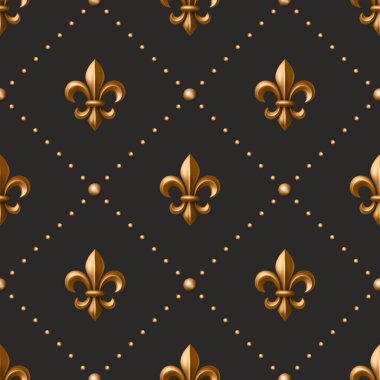 Vektör Lüks Fleur-de-Lis Kusursuz Desen. Zarif Karanlık Arkaplan Altın Kraliyet Heraldik Sembolü. Fleur-de-Lis Duvar kağıdı, Kumaş, Dijital Kağıt. Klasik Fransız Süslemesi.