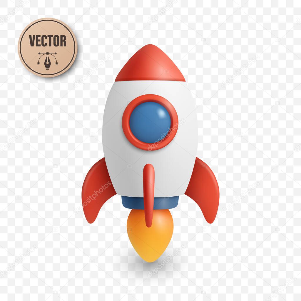 Vector 3D Cartoon Rocket, Front View. Minimalist Startup Spaceship Icon, Technology Launch Concept. Futuristic Transport, Toy Rocket Clipart, Innovation Symbol for Business or Kids Design.