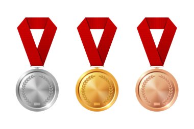 Altın Gümüş Bronz Madalya Seti Kırmızı Kurdeleli Gerçekçi Vektör Simgeleri Kazanan Ödülü, Başarı Rozeti, Ödül Töreni, Spor Yarışması Ödülü, Beyaz Sembolde İzole Edilmiş Şampiyon.