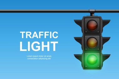 Mavi Gökyüzü Arkaplanında Yeşil Sinyalli Vektör Trafik Işığı. Ulaşım, Güvenlik, Sürüş, Yaya Geçidi, Şehir Caddesi ve Trafik Kontrol Tasarımı İçin Gerçekçi Yol Durağı.