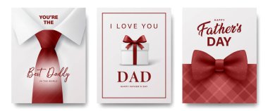 Vector Fathers Day Card Set with Shirt and Tie, Hediye Kutusu with Bow, Ekoseli Arkaplan. Mutlu Baba Tipografisi, Babam için Kırmızı Tebrik Tasarımı. Modern Vektör Tatil Resimleri.