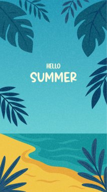 Merhaba Summer. Tropikal Yapraklar, Deniz ve Kum ile Vector Beach Illustration. Mevsimlik Poster, Seyahat Bayrağı, Tatil Kartı, Tatil Konsepti, Yaz Kutlama Tasarımı İçin Düz Çizgi Film Vektör Arkaplanı.