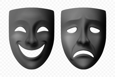 Vektör 3d Tiyatro Maskeleri ayarlandı. Siyahlı Gerçek Komedi ve Trajedi Tiyatrosu Maskeleri. Klasik Tiyatro Drama Maskeleri, Sahne Performansı, Oyunculuk, Sanat, Festival, Karnaval, Maskeli Balo.