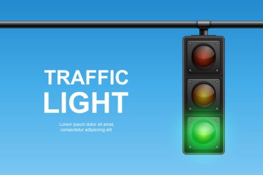 Mavi Gökyüzü Arkaplanında Yeşil Sinyalli Vektör Trafik Işığı. Ulaşım, Güvenlik, Sürüş, Yaya Geçidi, Şehir Caddesi ve Trafik Kontrol Tasarımı İçin Gerçekçi Yol Durağı.
