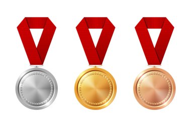 Altın Gümüş Bronz Madalya Seti Kırmızı Kurdeleli Gerçekçi Vektör Simgeleri Kazanan Ödülü, Başarı Rozeti, Ödül Töreni, Spor Yarışması Ödülü, Beyaz Sembolde İzole Edilmiş Şampiyon.