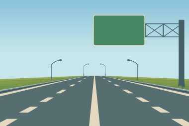 Otoyol Vektör Arkaplanı. Boş Otoyol Vector Illustration Yeşil Yol İşareti, Sokak Işıkları, Mavi Gökyüzü. Otoyol Taşımacılık, Seyahat, Şehir Manzarası, Seyahat, Poster, Bayrak.