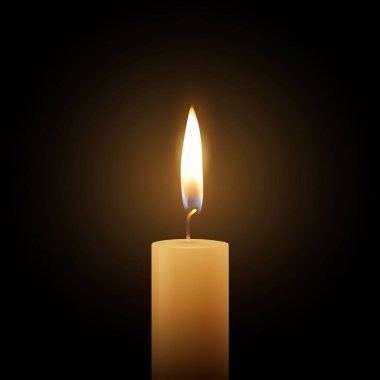 Siyah Arkaplan 'da Gerçekçi Vektör Mum Alevi Clipart. Yumuşak Ilık Işıltılı ve Titrek Alevli Tek Balmumu Sütun Mumu Web, Yazdırma, Logo Tasarımı Şablonu.