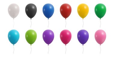 Vektör 3d Gerçekçi Renkli Balon Simgesi Seti, izole edildi. Parti için Kırmızı Mavi Sarı Pembe Balonlar, Doğum Günü Tasarımı, Kutlama, Gerçekçi Parlak Balonlar. Balon Clipart Elementleri, Olay İçin Simgeler.