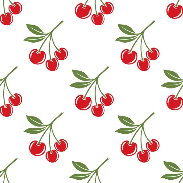 Kesik Kirazlı Vektör Kusursuz Desen. Tek, bir çift kiraz ve yapraklı kiraz kümesi, tekrarlanan yazdırma. Kiraz Sanatı, Tasarım Şablonu, Vektör İllüstrasyonu.