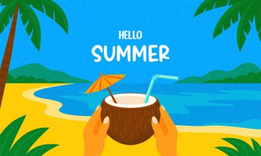 Merhaba Summer. Plajda Tropik Palmiye Yaprakları, Okyanus Manzarası ve Kum ile Hindistan cevizi İçeceği. Tatil Posteri, Seyahat Afişi, Tatil Kartı, Yaz Arkaplan Tasarımı için Düz Yaz Vektörü İllüstrasyonu.