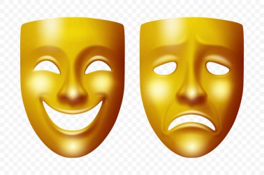 Vektör 3d Tiyatro Maskeleri ayarlandı. Gerçekçi Üzgün ve Mutlu Yüzler. Klasik Komedi ve Trajedi Tiyatrosu Maskeli Çifti. Oyunculuk, Performans, Festival, Karnaval, Sahne Şovu, Maskeli Balo Sanatı Sembolü.