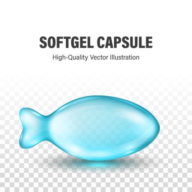 Vektör Balık şekilli Softgel Simgesi, izole edildi. Omega-3 için parlak mavi kapsül simgesi, D vitamini, çocuk takviyesi. Eczane, Kapsül Ambalajı, Tıbbi Ürün Şeffaf Kapsülü.
