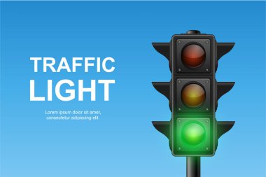 Mavi Gökyüzü Arkaplanında Yeşil Sinyalli Vektör Trafik Işığı. Ulaşım, Güvenlik, Sürüş, Yaya Geçidi, Şehir Caddesi ve Trafik Kontrol Tasarımı İçin Gerçekçi Yol Durağı.