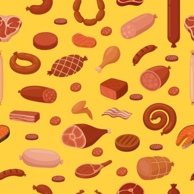 Sarı arka planda sosis, pastırma, jambon ve ızgara et parçaları ile vektörsüz et deseni. Kasap Markası Et Arkaplanı, Menü Tasarımı, Yiyecek Paketi, Poster. BBQ, Et Ürünleri.
