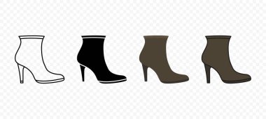 Vektör Yüksek Topuklu Çizme Simgesi Ayarlandı. Ana hatlarıyla vektör ayak botu, siluet ve düz stil. Giysi Uygulaması için Moda Acemi Sembolü, Çevrimiçi Mağaza, Ayakkabı Logosu. Moda Önyükleme Vektörü İllüstrasyonu.
