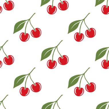 Kesik Kirazlı Vektör Kusursuz Desen. Tek, bir çift kiraz ve yapraklı kiraz kümesi, tekrarlanan yazdırma. Kiraz Sanatı, Tasarım Şablonu, Vektör İllüstrasyonu.