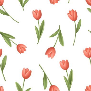 Beyaz Arkaplanda Pembe Çiçeklerle Kusursuz Lale Deseni. Bahar Tasarımı, Kumaşı, Paketleme, Duvar Kağıdı ve Çiçek Lale desenleri için Botanik Biçimli Lale Deseni.