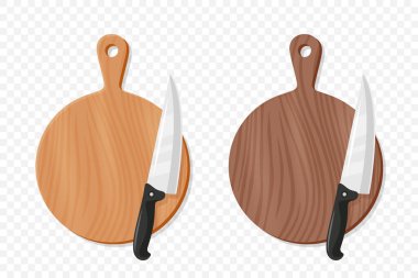 Et Satırı ile Tahta Kesme Kurulu, Vektör Resimleri. Gıda Hazırlama Mutfak Kesme Kurulu. Et Kesme için Kasap Bıçağı. Mutfak gereçleri, Restoranlar için Mutfak Aletleri.