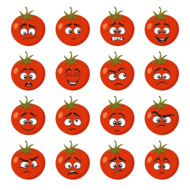 Vektör Komik Domates Karakteri Çizgi Film İfadeleriyle Yüzleşir. Domates Surat Gösterme Duyguları. Çocuk Tasarımı, Şirin Gıda Etiketleri, Eğitim, Duygusal Simgeler, Kawaii Tarzı, Çizgi Film Sebze Çizimi.