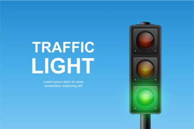 Mavi Gökyüzü Arkaplanında Yeşil Sinyalli Vektör Trafik Işığı. Ulaşım, Güvenlik, Sürüş, Yaya Geçidi, Şehir Caddesi ve Trafik Kontrol Tasarımı İçin Gerçekçi Yol Durağı.