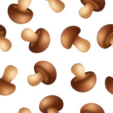 Beyaz Arkaplanda Kahverengi Şampiyon 'la Kusursuz Mantar Deseni. Gıda Paketi için gerçekçi mantar dokusu, Mutfak Tasarımı, Kumaş baskısı, Restoran Markası, Mutfak Dekorasyonu.