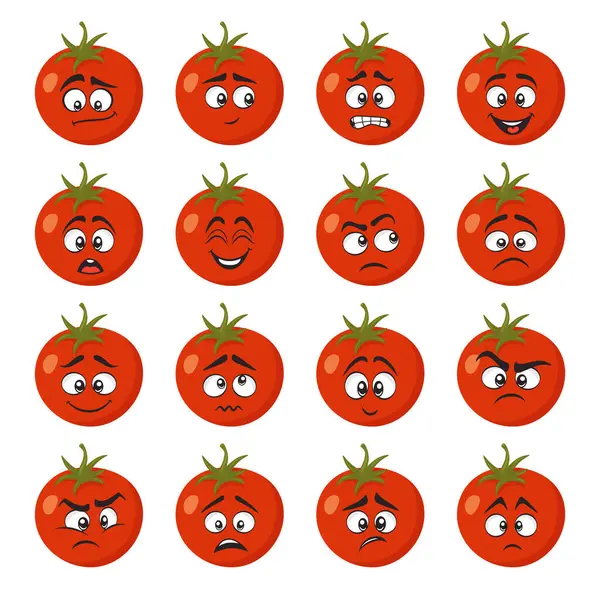 Vektör Komik Domates Karakteri Çizgi Film İfadeleriyle Yüzleşir. Domates Surat Gösterme Duyguları. Çocuk Tasarımı, Şirin Gıda Etiketleri, Eğitim, Duygusal Simgeler, Kawaii Tarzı, Çizgi Film Sebze Çizimi.